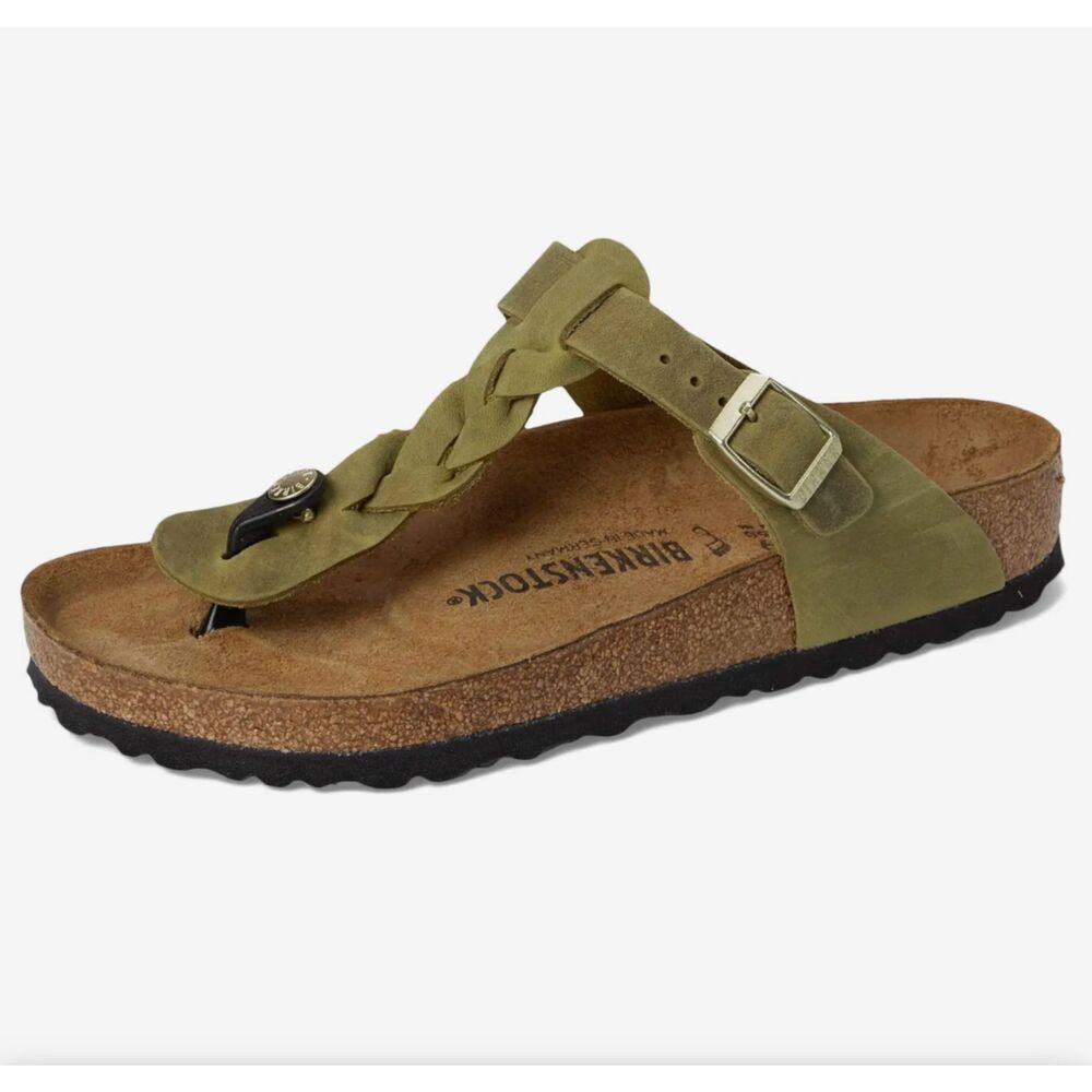 Birkenstock Gizeh Braided Oiled Leather Thong Sandals Green Olive Womens Size 37